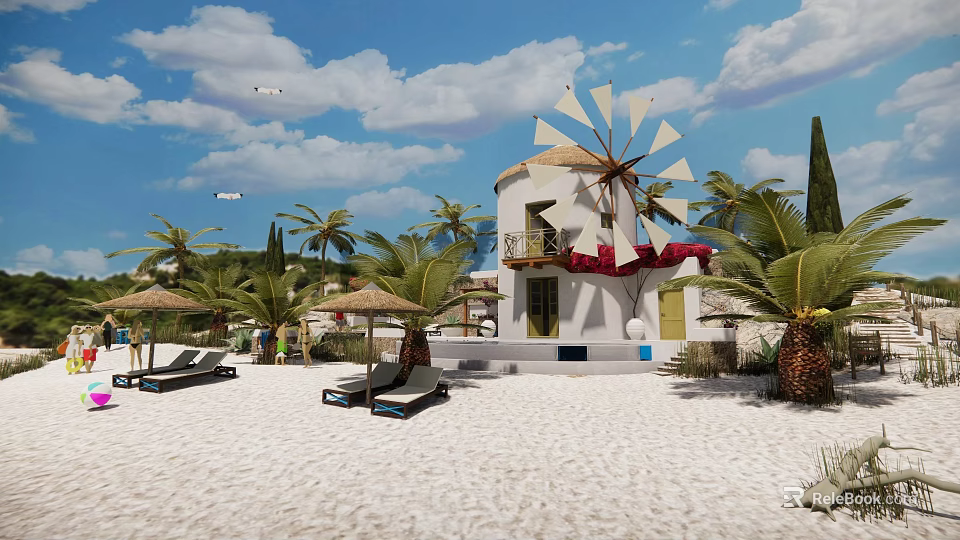 Scenic Sandy Beach Featuring White Windmill Palm Trees Lounge Chairs Blue Sky And White Clouds 3d model 