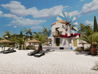 Scenic Sandy Beach Featuring White Windmill Palm Trees Lounge Chairs Blue Sky And White Clouds 3d model