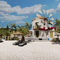 Scenic Sandy Beach Featuring White Windmill Palm Trees Lounge Chairs Blue Sky And White Clouds