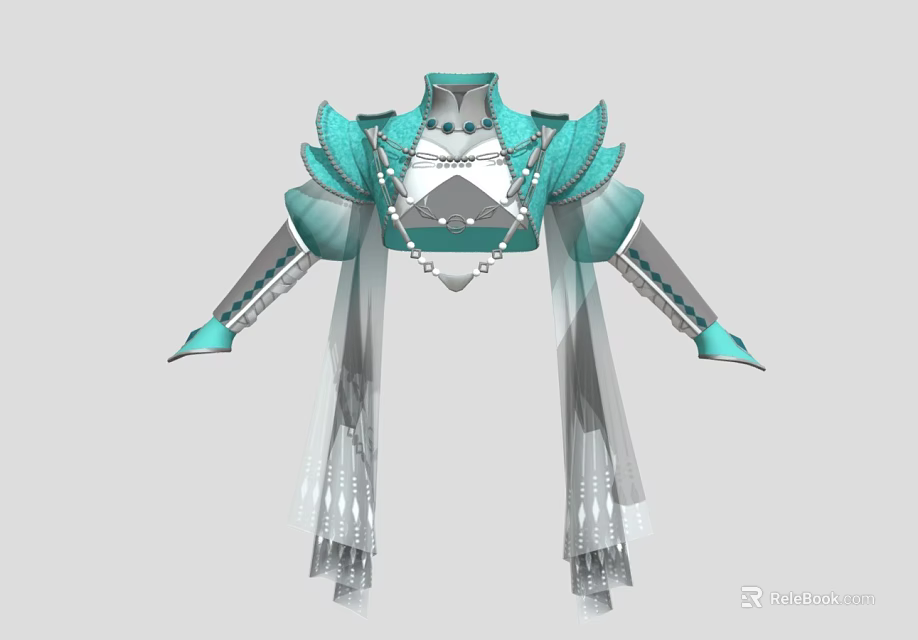 Teal Ornate Fashion Outfit With Wing Like Decorations Geometric Patterns And Transparent Flowing Sleeves 3d model 