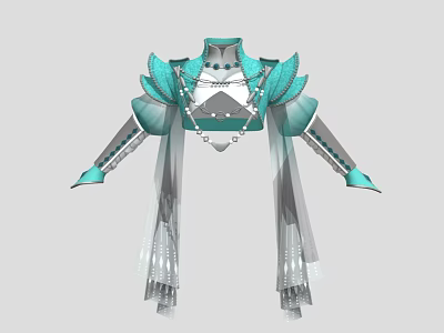 Teal Ornate Fashion Outfit With Wing Like Decorations Geometric Patterns And Transparent Flowing Sleeves 3d model