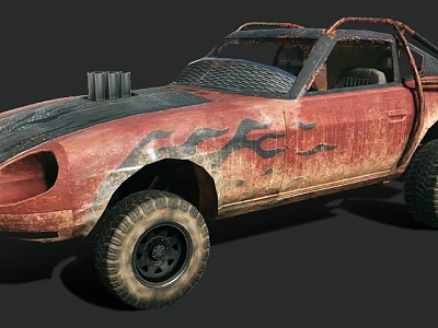 Rusty Off Road Car With Flame Decals And Large Tires Modified Exterior 3d model