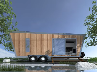 Modern Wooden Trailer Guesthouse Surrounded by Trees and Grass With Entrance Steps and Blue Door 3d model