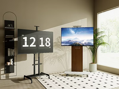 Modern Living Room With Two TVs On Mobile Stands Showing Digital Clock And Scenic Landscape 3d model