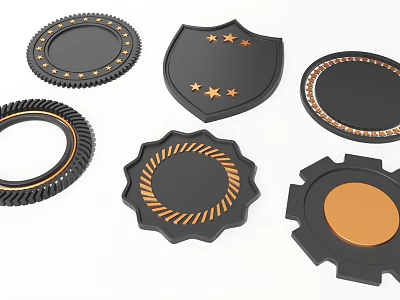 Artistic Sculpture Carving Pieces Including Badges Shields Gears With Star Patterns And Metallic Designs 3d model