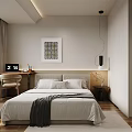 Modern Minimalist Bedroom Interior With Large Bed Decorative Painting Desk And Wooden Flooring