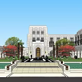 Grand Classical Building Exterior And Courtyard With Fountain Pedestrians Greenery And Walkways