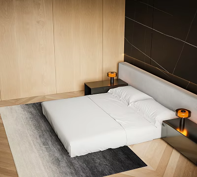 Double Bed with White Sheets Pillows Gray Headboard Black Nightstands Orange Lamps Wooden Walls 3d model