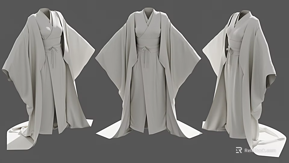 Traditional Gray Robes With Wide Sleeves Belted Design And Flowing Silhouette 3d model 