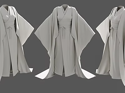 Traditional Gray Robes With Wide Sleeves Belted Design And Flowing Silhouette 3d model