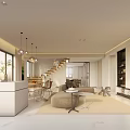 Modern Living and Dining Area with Curved Sofa Area Rug Pendant Lights and Dining Table