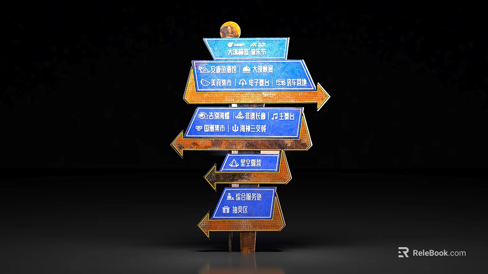 Vibrant Photo Check-in Spot Directional Sign With Arrows Pointing to Attractions Food Street Amusement Park 3d model 