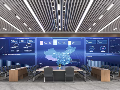 Modern Conference Room Interior With Large Screen Data Visualization And China Map 3d model