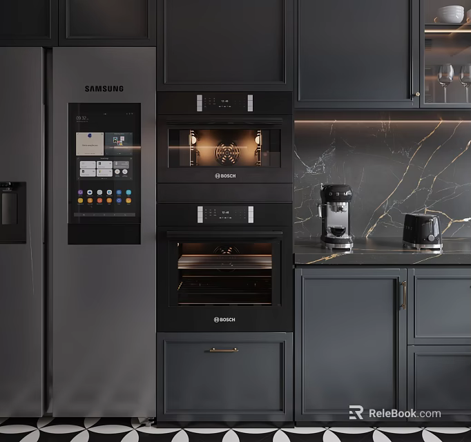 Modern Dark Kitchen With Samsung Refrigerator Built In Oven Coffee Maker Toaster And Marble Backsplash 3d model 