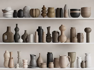 Minimalist Ceramic Vessels Collection On Shelves With Various Natural Shapes And Tones 3d model