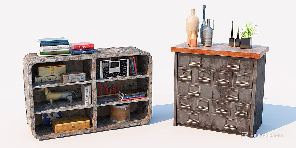 Vintage Console Table and Side Cabinet with Shelves Drawers Books Decorative Vases and Potted Plant 3d model 