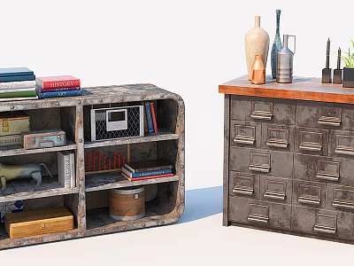 Vintage Console Table and Side Cabinet with Shelves Drawers Books Decorative Vases and Potted Plant 3d model