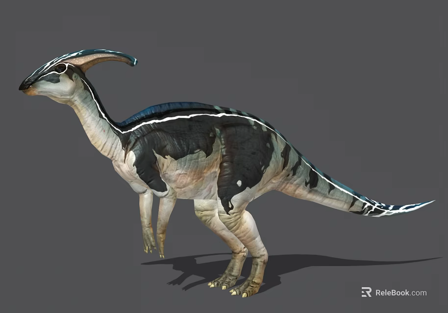 Realistic Dinosaur Character Creature With Unique Head Crest And Black White Stripes 3d model 