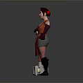 Woman Wearing Red Apron And Gloves Holding Metallic Hammer Standing
