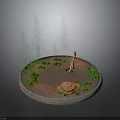 Dinosaur Standing On Circular Platform With Tall Trees Small Pond Green Plants And Red Rock