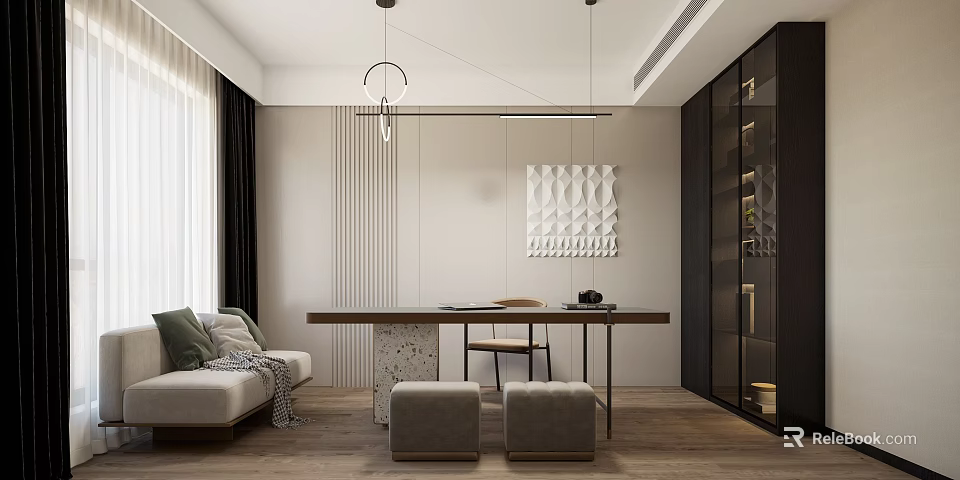 Modern Study Room Interior With Sofa Desk Stools And Cabinets 3d model