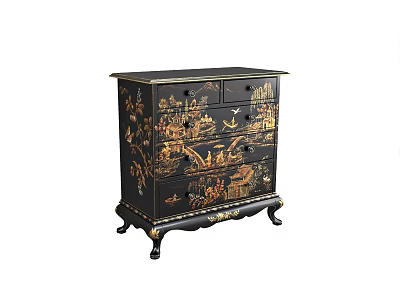 Chinese Style Black Hallway Console Cabinet with Gold Patterns Carvings and Drawers 3d model
