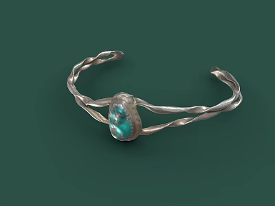 Classic Stylish Silver Bracelet With Twisted Design And Turquoise Gemstone Fashion Accessory 3d model