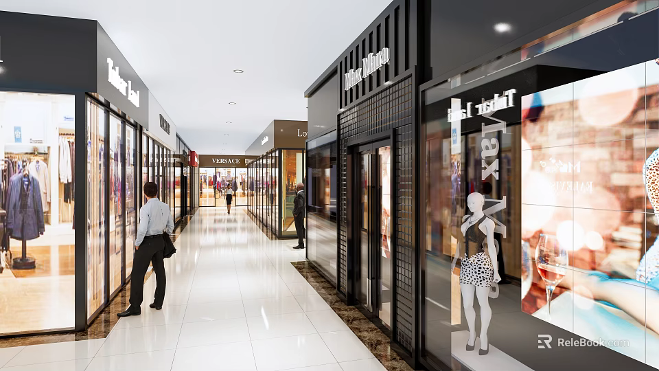 Shopping Mall Retail Stores Interior With Glass Storefronts Pedestrians And Bright White Floors 3d model 