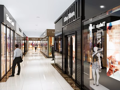 Shopping Mall Retail Stores Interior With Glass Storefronts Pedestrians And Bright White Floors 3d model