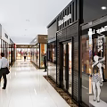 Shopping Mall Retail Stores Interior With Glass Storefronts Pedestrians And Bright White Floors