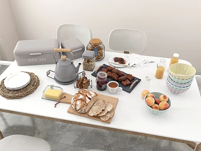 Delicious Breakfast Spread With Fresh Bread Jam Peaches And Orange Juice On Dining Table 3d model