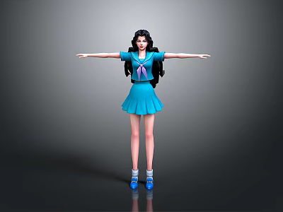Anime Game Movie Character With Long Black Hair Blue Sailor Uniform And Outstretched Arms 3d model
