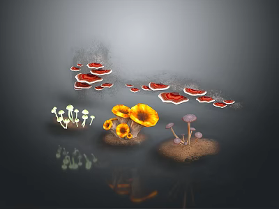 Natural Plant Display With Colorful Mushrooms And Yellow Flowers On Dark Background 3d model
