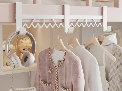 Cozy Modern Bedroom Clothes Rack With Hanging Clothes Headphones Handbag And Stuffed Toy 3d model