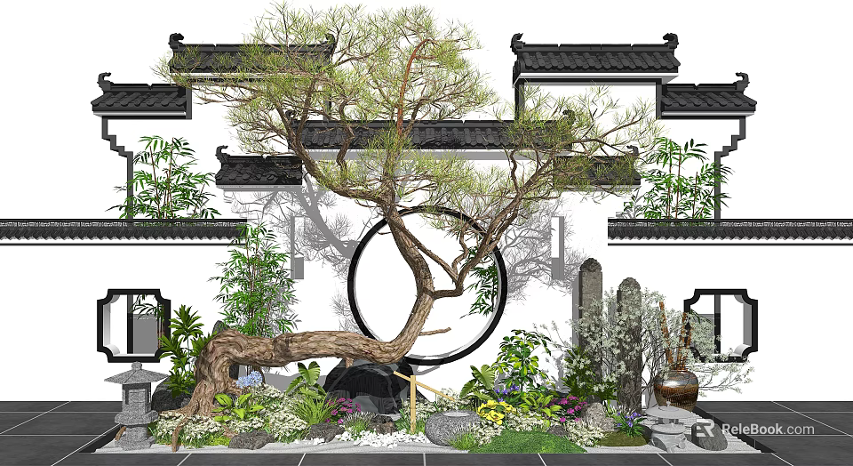 Karesansui Garden Design With Traditional Pine Tree Circular Moon Gate Stones And Moss 3d model 