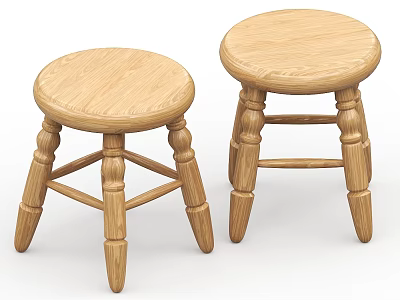 Two Classic Wooden Stools With Round Seats And Turned Legs Design 3d model