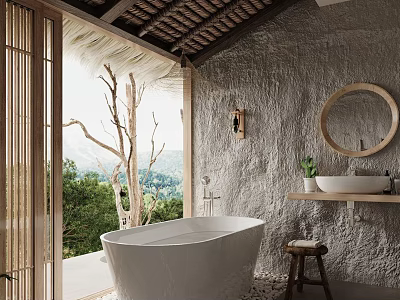 Natural Hotel Bathroom Interior With Stone Wall Round Mirror Freestanding Bathtub And Scenic View 3d model