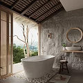 Natural Hotel Bathroom Interior With Stone Wall Round Mirror Freestanding Bathtub And Scenic View