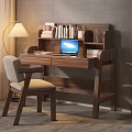 Wooden Home Office Desk With Laptop Books Stationery And Comfortable Chair Near Window