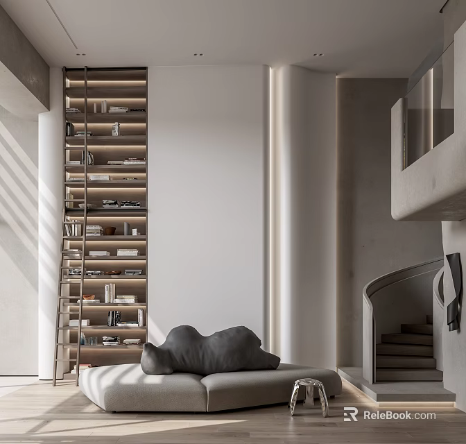 Modern Duplex Living Room Interior Design With Bookshelf Sofa Fireplace And Natural Light 3d model 
