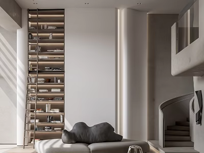 Modern Duplex Living Room Interior Design With Bookshelf Sofa Fireplace And Natural Light 3d model
