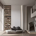 Modern Duplex Living Room Interior Design With Bookshelf Sofa Fireplace And Natural Light