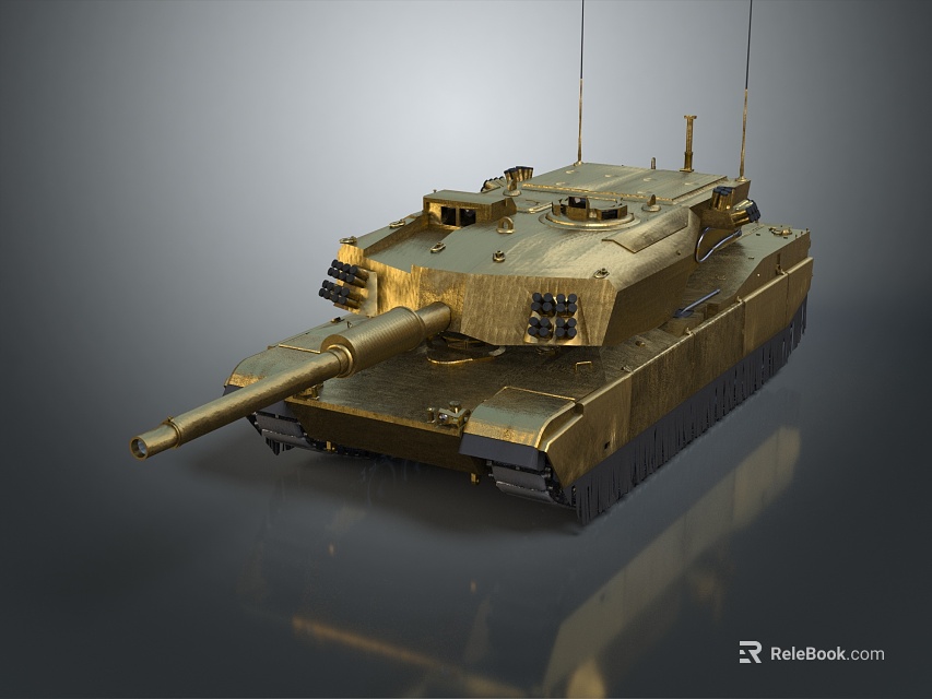 Golden Armored Military Tank with Long Barrel Tracks and Antenna on Reflective Surface 3d model 