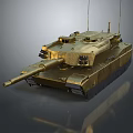 Golden Armored Military Tank with Long Barrel Tracks and Antenna on Reflective Surface