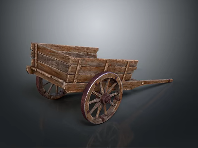 Antique Wooden Farm Cart With Large Spoked Wheels And Weathered Wood Design 3d model