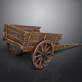 Antique Wooden Farm Cart With Large Spoked Wheels And Weathered Wood Design