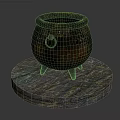 Rusty Iron Cauldron With Three Legs On Colorful Wooden Round Platform As Household Item