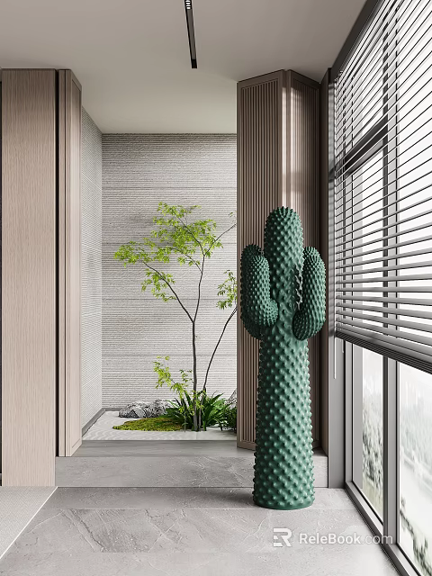 Modern Indoor Garden Landscape with Green Cactus Tree Gray Brick Wall Window Blinds Moss Stones 3d model 