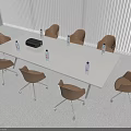 Modern Conference Table With Brown Chairs Water Bottles And Black Device In Meeting Room