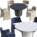 Modern Dining Table Set With Round White Table And Blue Beige Upholstered Chairs 3d model